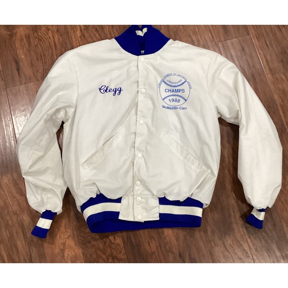 DeLong Softball Champs 1988 Varsity Jacket M 80s Bomber USA  White Snap VTG